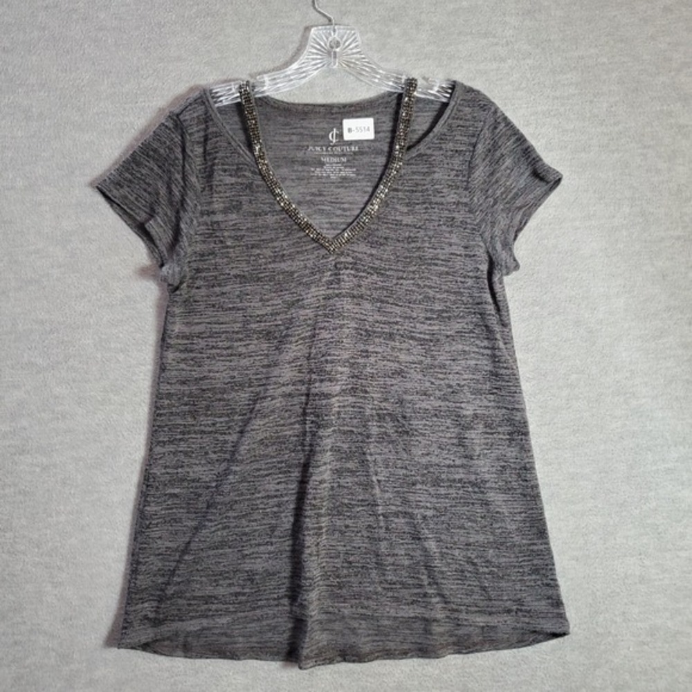 Juicy Counture Women Top Medium Gray Shirt Cold Shoulder Rhinestones V Neck
